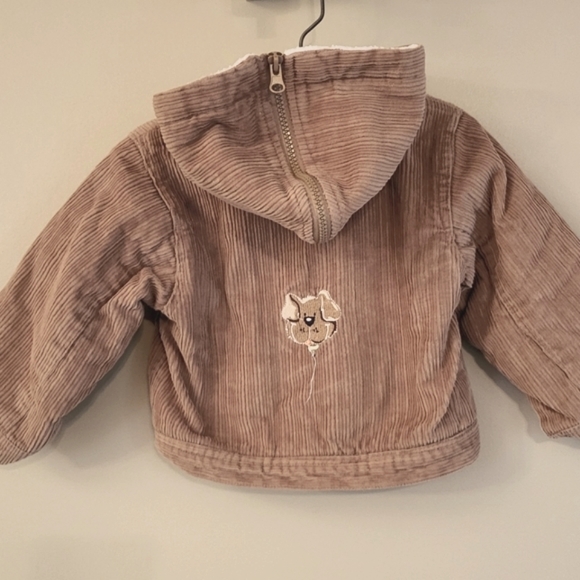 Fleece lined tan corduroy hooded jacket with puppy detail - Picture 2 of 9